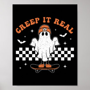 Creep It Real Ghost Skateboard Retro Cute Hallowee Poster