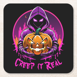Creep it Real, Horror Halloween illustration Square Paper Coaster