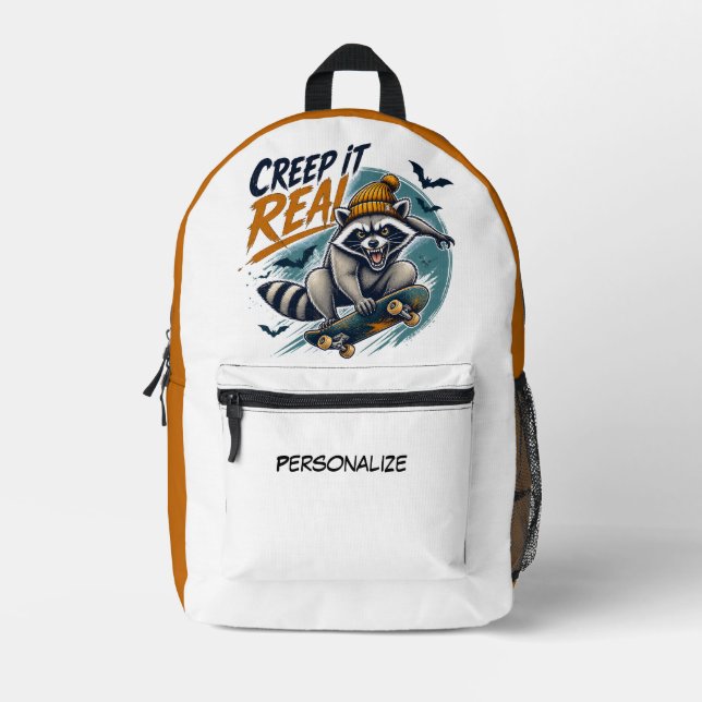 Creep It Real Racoon Skateboard Cool Design Printed Backpack (Front)