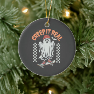 Creep It Real Retro Halloween Skate Ghost Ceramic Ornament