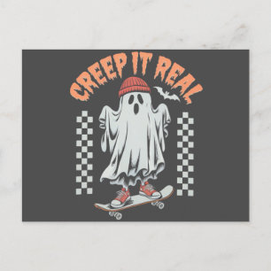 Creep It Real Retro Halloween Skate Ghost Postcard