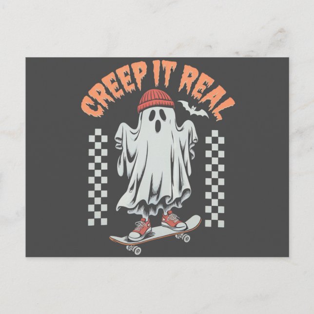 Creep It Real Retro Halloween Skate Ghost  Postcard (Front)