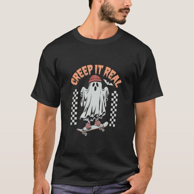Creep It Real Retro Halloween Skate Ghost  T-Shirt (Front)