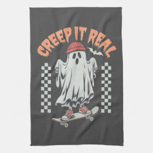 Creep It Real Retro Halloween Skate Ghost  Tea Towel