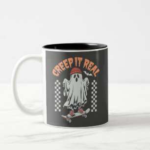 Creep It Real Retro Halloween Skate Ghost  Two-Tone Coffee Mug
