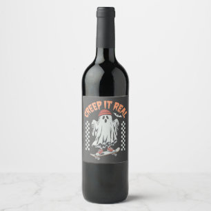 Creep It Real Retro Halloween Skate Ghost  Wine Label