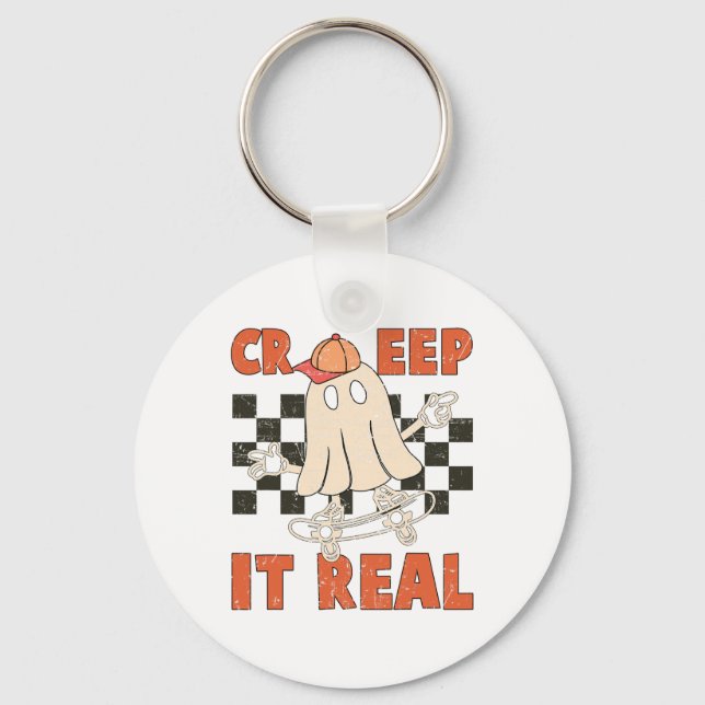 Creep It Real Skateboarding Retro Halloween Ghost  Key Ring (Front)