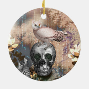 Creep Owl on Skull Ceramic Ornament