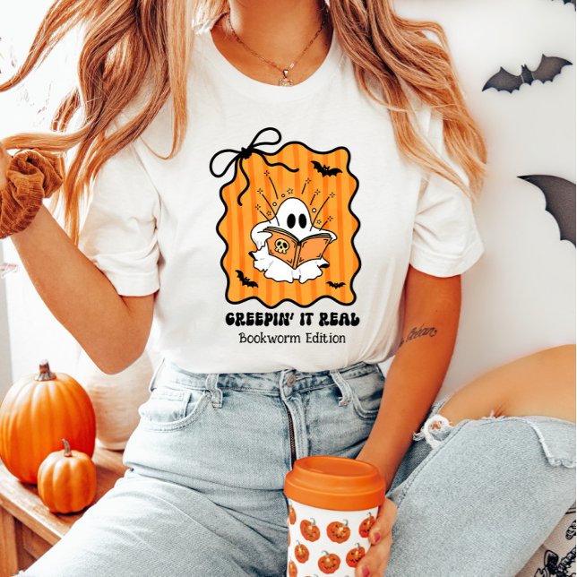Creepin It Real Bookworm Ghost Retro Halloween Bow T-Shirt (Creator Uploaded)