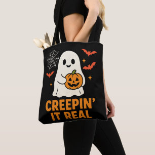 Creepin’ It Real ghost with pumpkin Halloween art Tote Bag