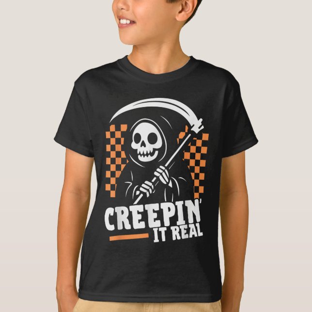 Creepin It Real Retro Grim Reaper Funny Halloween  T-Shirt (Front)