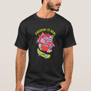 Creeping It Real Retro Skateboarding Skeleton Hall T-Shirt