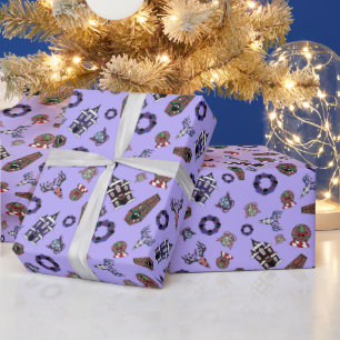 Creepmas Purple Pattern w/ Skulls, Haunted House   Wrapping Paper