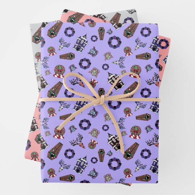 Creepmas w/ haunted house, skulls, wreaths, coffin wrapping paper sheet (In situ)