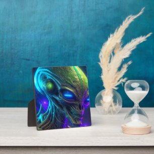 Creepy Alien Head with Glowing Blue Eyes Plaque
