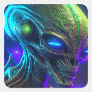 Creepy Alien Head with Glowing Blue Eyes Square Sticker