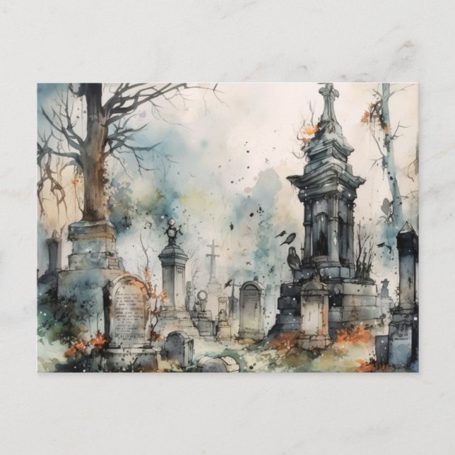 Creepy and Beautiful Grey Cemetery Halloween Holiday Postcard (Front)