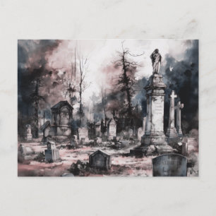 Creepy and Beautiful Grey Cemetery Halloween Holiday Postcard