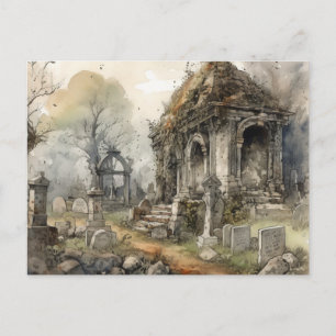 Creepy and Beautiful Grey Cemetery Halloween Holiday Postcard