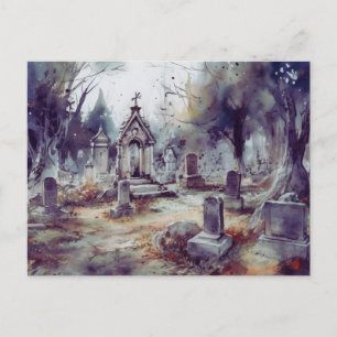 Creepy and Beautiful Grey Cemetery Halloween Holiday Postcard