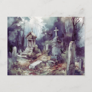 Creepy and Beautiful Grey Cemetery Halloween Holiday Postcard