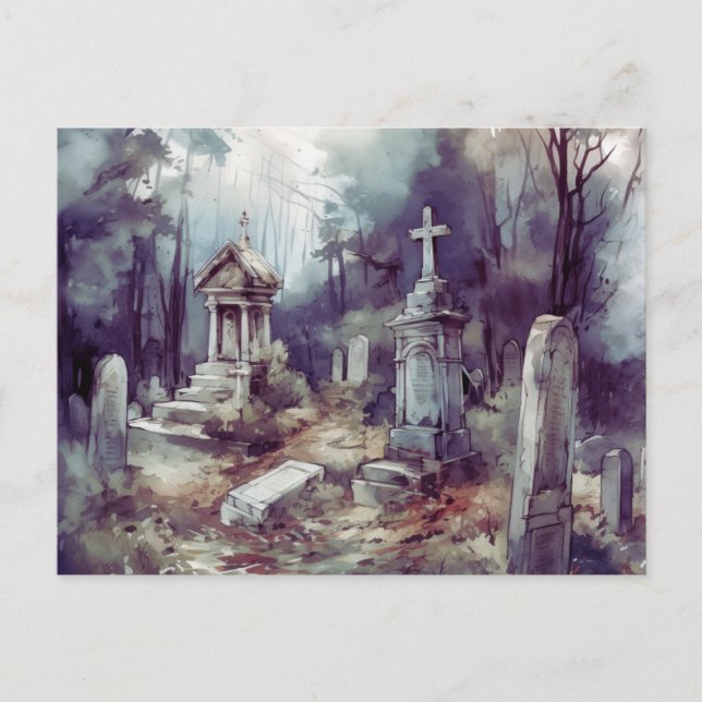 Creepy and Beautiful Grey Cemetery Halloween Holiday Postcard (Front)