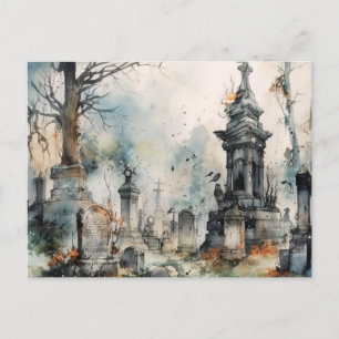 Creepy and Beautiful Grey Cemetery Halloween Holiday Postcard