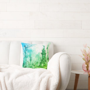 Creepy and Spooky Cemetery Green & Blue Halloween Cushion
