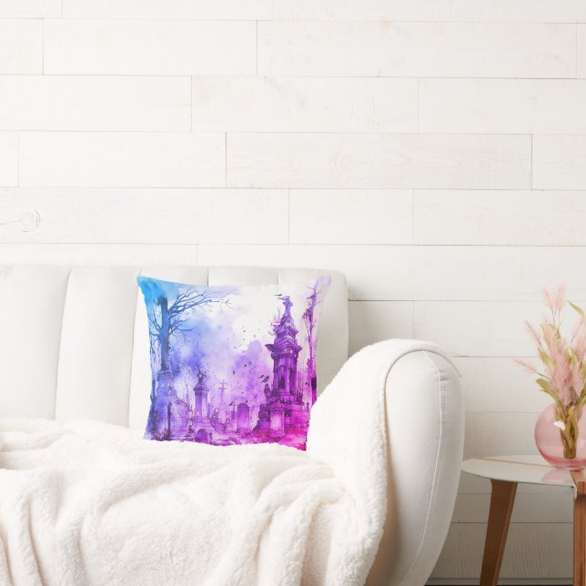 Creepy and Spooky Cemetery Purple & Blue Halloween Cushion (Couch)