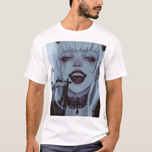 Creepy Anime Girl with White Hair and Disturbing S T-Shirt (Front)