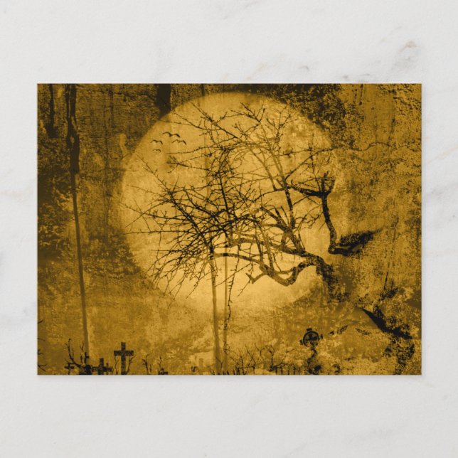 Creepy Antique Looking Yellow Cemetery Halloween Holiday Postcard (Front)