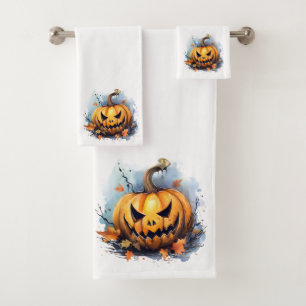 Creepy Autumn Jack-o-Lantern Halloween Bath Towel Set
