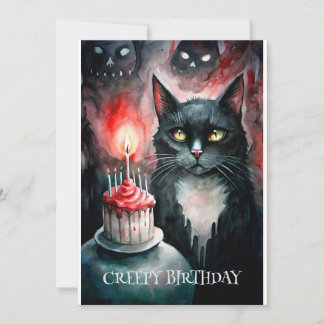 Creepy B-Day Cat With Cake And Ghostly Creatures Holiday Card