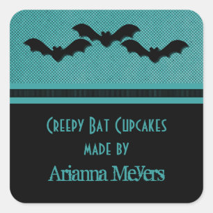 Creepy Bats Halloween Baking Stickers, Teal Square Sticker