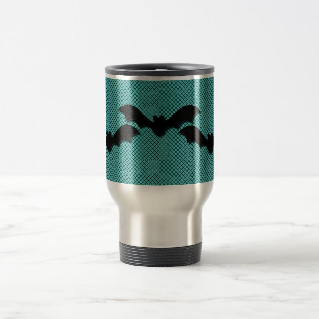 Creepy Bats Halloween Mug, Teal Travel Mug (Center)