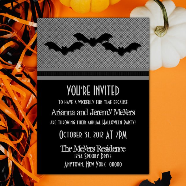 Creepy Bats Halloween Party Invite, Grey Invitation (Creepy Bats Halloween Party Invite - Gray)