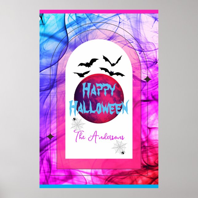Creepy Bats Spider Web Full Moon Happy Halloween Poster (Front)