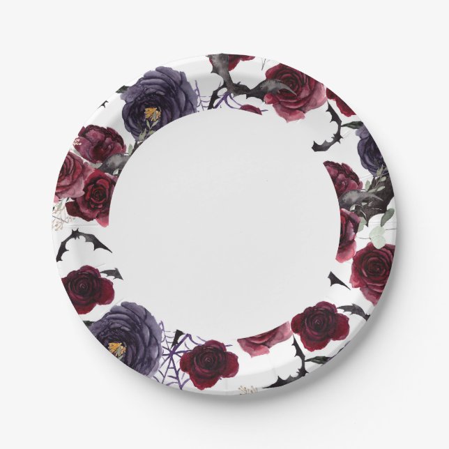Creepy Beautiful | Dark Gothic Roses with Bats Paper Plate (Front)