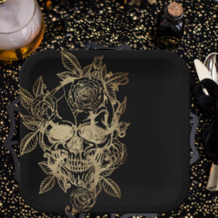 Creepy Beautiful   Gold Grunge Skull with Rose Paper Plate