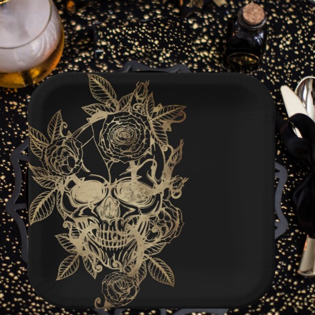 Creepy Beautiful | Gold Grunge Skull with Rose Paper Plate (Square 9" Dinner Plate)