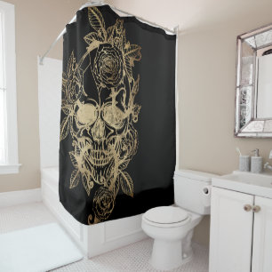 Creepy Beautiful   Gold Grunge Skull with Rose Shower Curtain