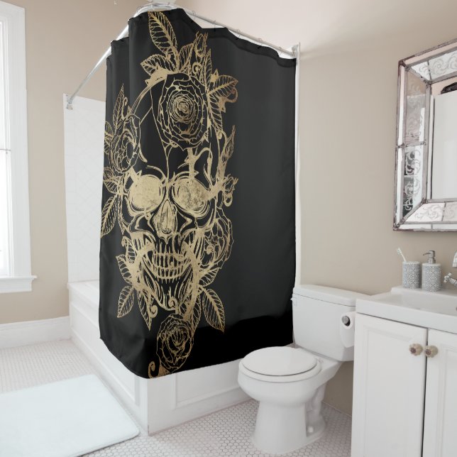 Creepy Beautiful | Gold Grunge Skull with Rose Shower Curtain (In Situ)