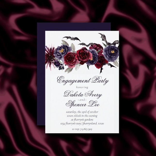 Creepy Beautiful | Gothic Floral Bats Engagement Invitation (Creator Uploaded)