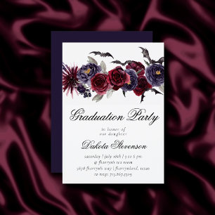 Creepy Beautiful   Gothic Floral Bats Graduation Invitation