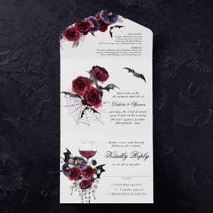 Creepy Beautiful   Gothic Red Purple Floral Bats All In One Invitation