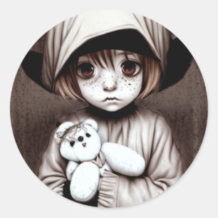Creepy Big Eyed Boy with Teddy Bear Halloween Classic Round Sticker