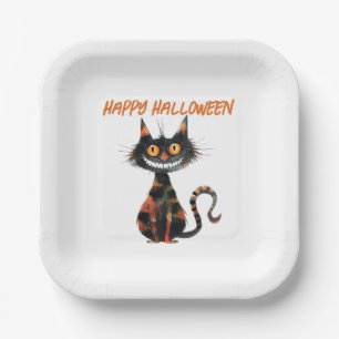 Creepy Black and Orange Cat Halloween Paper Plate