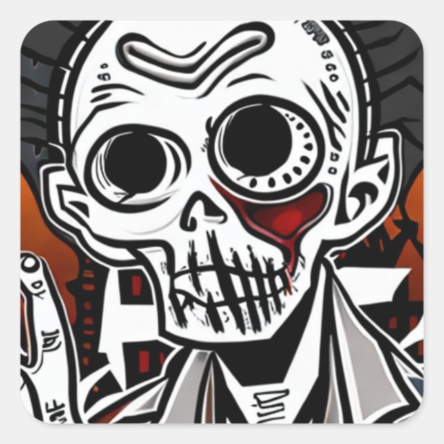 Creepy Black and Orange Skeleton Halloween Square Sticker (Front)