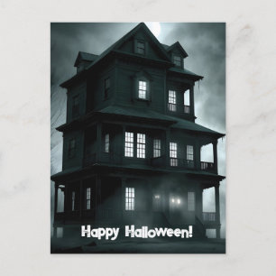 Creepy, Black and White Haunted House Halloween Postcard