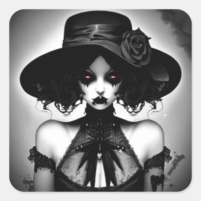 Creepy Black and White Woman in Hat Square Sticker (Front)